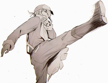 Rule 34 | 1boy, arm up, boots, commentary request, from side, fur-trimmed sleeves, fur trim, ginkgo guild uniform, greyscale, gura (rick grick), hair bun, hair intakes, hair over one eye, hat, high kick, kicking, long sleeves, looking ahead, male focus, monochrome, narrowed eyes, nintendo, one eye covered, outstretched leg, photo-referenced, pokemon, pokemon legends: arceus, simple background, single hair bun, solo, standing, standing on one leg, volo (pokemon), white background