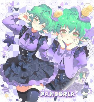 Rule 34 | 1girl, black skirt, black thighhighs, cellphone, character name, commentary, flip phone, glasses, green eyes, green hair, hair ornament, hairclip, heart, high-waist skirt, highres, looking at viewer, mass-produced fashion, multiple views, one eye closed, pandoria (xenoblade), parallel hairclips, phone, pointy ears, puffy sleeves, purple shirt, round eyewear, shirt, short hair, skirt, star (symbol), symbol-only commentary, thighhighs, toki0830, xenoblade chronicles (series), xenoblade chronicles 2