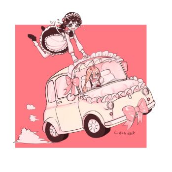 2girls absurdres apron black_hair blonde_hair border bow chainsaw_man cross-shaped_pupils crying demon_girl demon_horns dress driving frilled_dress frills ginka_jack hair_between_eyes higashiyama_kobeni highres horns kobeni&#039;s_car_(chainsaw_man) limited_palette maid_apron maid_headdress multiple_girls pink_background pink_theme power_(chainsaw_man) puffy_short_sleeves puffy_sleeves red_horns sharp_teeth short_hair short_sleeves signature single_sidelock symbol-shaped_pupils tears teeth tongue tongue_out white_border