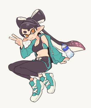 alternate_costume black_hair black_shorts black_sports_bra blush bottle breasts callie_(splatoon) cleavage clip_studio_paint_(medium) commentary english_commentary green_jacket gym_shorts highres inkling invisible_chair jacket leggings leggings_under_shorts long_hair looking_at_viewer mamanooke medium_breasts midriff multicolored_hair navel nintendo off-shoulder_jacket off_shoulder pointy_ears shoes shorts sitting sneakers splatoon_(series) sports_bra symbol-shaped_pupils thick_eyebrows two-tone_hair v water_bottle yellow_eyes