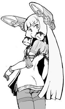 1girl ass blunt_bangs blunt_tresses cowboy_shot floating_headgear gloves grey_hair greyscale hair_ribbon headgear kantai_collection looking_at_viewer looking_back monochrome murakumo_(kancolle) murakumo_kai_ni_(kancolle) panties panties_under_pantyhose pantyhose ribbon simple_background solo task_(s_task80) thighband_pantyhose tress_ribbon underwear