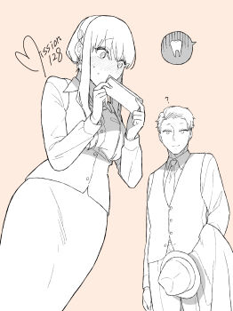 1boy 1girl absurdres breasts closed_mouth commentary_request dress earrings formal_clothes gold_earrings green_suit greyscale_with_colored_background hairband highres holding husband_and_wife jewelry long_hair long_sleeves monochrome pants shirt short_hair sidelocks simple_background smile spy_x_family suit sunbo_zatta twilight_(spy_x_family) yor_briar