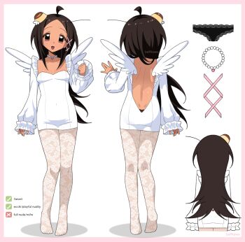 1girl absurdres ahoge angel_wings ass backless_dress backless_outfit bead_necklace beads beff_(beffkawa) beffkawa black_panties breasts brown_eyes brown_hair cleavage commentary dark-skinned_female dark_skin dimples_of_venus dress english_commentary english_text flat_ass hair_ornament highres jewelry lace lace_pantyhose long_hair multiple_views necklace no_sclera original panties pantyhose pudding_hair_ornament reference_sheet short_dress shoulder_blades sleeves_past_wrists small_breasts turnaround underwear white_dress wings x_hair_ornament