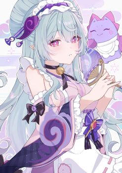 1girl absurdres bell blue_hair breasts detached_sleeves frilled_hairband frills genshin_impact hairband hand_fan highres holding holding_fan japanese_clothes kimono long_hair looking_at_viewer neck_bell nihongami nya_inuha pink_kimono pink_sleeves pointy_ears purple_eyes solo yumemizuki_mizuki