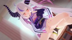 2girls 3d animated assisted_masturbation bibi_(tokoyami_towa) blush bottomless chair demon_horns female_ejaculation female_focus female_orgasm fingering green_eyes highres hololive horns koikatsu_(medium) la+_darknesss loli long_hair multicolored_hair multiple_girls orgasm purple_hair pussy sitting sitting_on_person streaked_hair tokoyami_towa twintails video virtual_youtuber wataamage white_hair yellow_eyes yuri