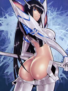 1girl absurdres armor arms_behind_back artist_request ass ass_focus back bareback black_hair blue_eyes breasts highres impossible_clothes kamui_(kill_la_kill) kill_la_kill kiryuuin_satsuki long_hair looking_back medium_breasts shiny_clothes shiny_skin shoulder_armor sideboob skindentation solo sword thighhighs thong weapon