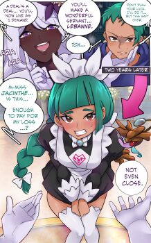1boy 2girls absurdres apron braid braided_ponytail clenched_teeth dark-skinned_female dark_skin dragalge dress gen_6_pokemon genderswap genderswap_(mtf) gloves green_hair highres jacinthe_(pokemon) juliet_sleeves lebanne_(pokemon) long_braid long_hair long_sleeves maid_apron maid_headdress master_and_servant meowwithme multiple_girls nintendo pokemon pokemon_legends:_z-a puffy_sleeves purple_dress purple_eyes purple_hair recursive_genderswap single_braid smile teeth very_dark_skin white_gloves