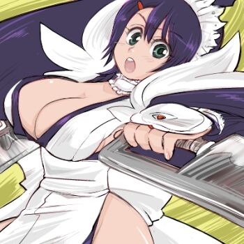 1girl apron bare_hips black_hair breasts butterfly_swords choker cleavage dual_wielding green_eyes hair_ornament holding iroha_(samurai_spirits) japanese_clothes large_breasts looking_at_viewer lowres maid maid_headdress momo&amp;a open_mouth samurai_spirits short_hair snk square swinging_weapon weapon white_apron