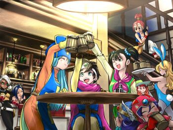6+girls :d alcohol animal_ears armor bar_(place) beer beer_mug bikini_armor black_bodysuit black_hair blonde_hair blue_eyes blue_hair blue_hat blue_leotard blue_tabard bodysuit bottle cape circlet closed_eyes commentary_request cup curly_hair dark-skinned_female dark_skin dragon_quest dragon_quest_iii drinking fake_animal_ears foam frown gadabout_(dq3) gloves green_eyes grey_hair hair_bobbles hair_ornament hat helmet heroine_(dq3) high_ponytail holding holding_cup holding_plate jewelry leotard long_hair mage_(dq3) martial_artist_(dq3) merchant_(dq3) mug multiple_girls necklace one_eye_closed open_mouth orange_bodysuit pantyhose pekuchin_(pekuchin_3) pink_hair plate playboy_bunny ponytail priest_(dq3) purple_cape purple_hair rabbit_ears rabbit_tail red_gloves roto_(dq3) ruida sage_(dq3) short_hair short_twintails smile stairs sweatdrop tabard table tail tavern thief_(dq3) tongue tongue_out twintails warrior_(dq3) winged_helmet witch_hat wrist_cuffs yellow_gloves