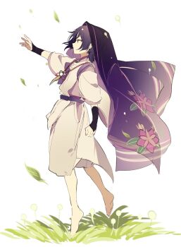 Rule 34 | 1boy, arm armor, arm up, barefoot, belt, black bow, bow, closed mouth, detached sleeves, enslavedtear, fingernails, floral print, flower, genshin impact, grass, grey pants, grey vest, hair between eyes, hand up, highres, leaf, leaf print, long sleeves, looking to the side, mandarin collar, pants, pom pom (clothes), purple belt, purple bow, purple eyes, purple flower, purple hair, purple shirt, red bow, scaramouche (genshin impact), scaramouche (kabukimono) (genshin impact), shirt, short hair, simple background, solo, veil, vest, walking, white background, wide sleeves