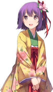1girl artist_request floral_print flower flower_request game_cg green_kimono hair_flower hair_ornament hakama hakama_skirt hieda_no_akyuu japanese_clothes kimono labyrinth_of_touhou_(series) labyrinth_of_touhou_2 layered_kimono long_sleeves looking_at_viewer medium_hair official_art open_mouth own_hands_together pink_flower print_kimono purple_hair red_eyes red_hakama skirt smile solo third-party_source touhou transparent_background wide_sleeves yellow_kimono