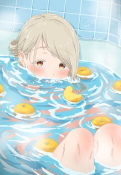 1girl absurdres bath bathing bathroom bathtub blonde_hair blowing_bubbles blush bubble colored_eyelashes commentary earrings folded_ponytail food fruit gakuen_idolmaster highres idolmaster in_bathtub jewelry knees_up looking_at_viewer mouth_submerged mouth_under_water nokino_shida nude orange_eyes partially_submerged rubber_duck shinosawa_hiro short_hair solo steam stud_earrings tile_wall tiles twitter_username water yuzu_(fruit) yuzu_bath