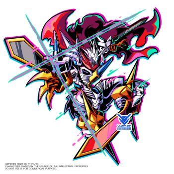 arm_blade cape digimon digimon_(creature) full_body highres horns jesmon red_cape simple_background spikes vistahero weapon white_background