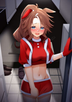 1girl absurdres animal_ears blue_eyes blush breasts brown_hair christmas ear_covers embarrassed floor gloves hallway highres horse_ears horse_girl inukai_nagisa jacket looking_at_viewer mejiro_palmer_(umamusume) midriff navel open_door parted_bangs ponytail red_gloves red_jacket red_skirt shoes signature single_glove skirt skirt_tug smile solo umamusume