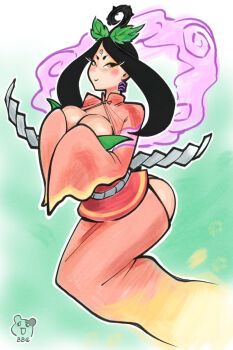 Rule 34 | 1girl, 2017, arms up, artist logo, artist name, ass cutout, bbc-chan, black hair, blue background, blush, blush stickers, breasts, capcom, character name, cleavage cutout, clothing cutout, collarbone, commentary, curvy, earrings, english commentary, facial mark, faux traditional media, female focus, floating, floating hair, forehead mark, gradient background, hair ornament, hairdressing, highres, japanese clothes, jewelry, kimono, large breasts, leaf, leaf hair ornament, legs together, light smile, logo, long hair, obi, ookami (game), parted bangs, pink eyes, pink kimono, sakuya (ookami), sash, simple background, smoke, solo, tareme, very long hair, wide sleeves