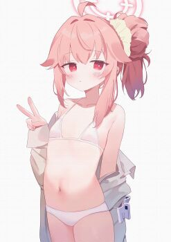 1girl absurdres ahoge bare_shoulders bikini blue_archive closed_mouth collarbone cowboy_shot dot_mouth dot_nose double-parted_bangs expressionless flat_chest grey_shirt hair_ornament hair_scrunchie halo highres ichibanboshi_yuzu loli looking_at_viewer natsu_(band)_(blue_archive) natsu_(blue_archive) navel nipples open_clothes open_shirt pink_hair ponytail red_eyes scrunchie see-through_bikini see-through_clothes shirt sidelocks simple_background swimsuit v white_background yellow_scrunchie