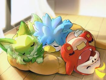 beak bird cat closed_eyes closed_mouth commentary_request duck fangs fuecoco highres lying namekuj1hey nintendo no_humans on_back open_mouth pokemon pokemon_(creature) quaxly sleeping sprigatito starter_pokemon_trio teeth