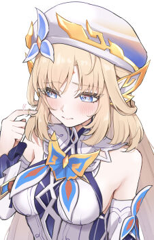 1girl blonde_hair blue_eyes blush breasts closed_mouth commentary_request cross-shaped_pupils detached_sleeves dress genshin_impact hand_up highres long_hair long_sleeves looking_to_the_side medium_breasts nicole_reeyn simple_background solo symbol-shaped_pupils twirling_hair upper_body ura_(hamburg_oniku) white_background white_dress