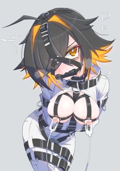 1girl absurdres ahoge bdsm bit_gag black_hair bodysuit bondage bound bound_arms bound_legs breastless_straitjacket breasts breasts_out bright_pupils colored_inner_hair fangs female_focus gag gag_harness gagged glowing glowing_hair grey_background hair_intakes hair_over_one_eye highres hitachi_magic_wand lactation menou_74 milking_machine multicolored_hair nipples no_bra orange_eyes orange_hair original sex_toy short_hair simple_background skin_fangs solo standing straitjacket tsurime two-tone_hair variant_set vibrator white_bodysuit white_pupils