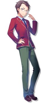 1boy absurdres advanced_nurturing_high_school_uniform black_necktie blazer brown_hair brown_shoes collared_shirt full_body glasses green_pants hand_on_own_hip hand_up highres jacket loafers looking_at_viewer male_focus necktie official_art pants red_jacket school_uniform shirt shoes simple_background solo tomose_shunsaku transparent_background white_shirt youkoso_jitsuryoku_shijou_shugi_no_kyoushitsu_e yukimura_teruhiko