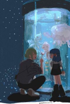 Rule 34 | 1boy, 1girl, akari (pokemon), aquarium, black leg warmers, black pants, black skirt, blonde hair, blue background, blue hair, closed eyes, commentary, frillish, frillish (female), frillish (male), gen 5 pokemon, grey shirt, hair ornament, hair over one eye, jellicent, jellyfish, leg warmers, long hair, looking at another, miniskirt, nintendo, open mouth, pants, pokemon, pokemon (creature), pokemon legends: arceus, sara (yeahx2wowx2), shirt, skirt, smile, symbol-only commentary, twitter username, volo (pokemon)