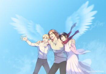 1girl 2boys absurdres arm_around_shoulder armin_arlert black_hair black_pants blonde_hair blue_background breasts brown_hair cardigan collared_shirt commentary_request cowboy_shot dress eren_yeager hair_between_eyes highres long_dress medium_breasts medium_hair mikasa_ackerman mskei multiple_boys open_mouth pants parted_bangs pink_cardigan red_scarf scarf shingeki_no_kyojin shirt short_hair smile twitter_username white_dress white_shirt wings