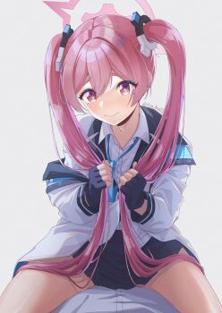 Rule 34 | 1boy, 1girl, absurdres, artist name, black gloves, black skirt, blue archive, blue necktie, blush, bunching hair, closed mouth, collared shirt, commentary request, fang, fingerless gloves, girl on top, gloves, hair between eyes, hair ornament, halo, highres, holding own hair, jacket, jacket partially removed, katou shin'ya (gingin power), koyuki (blue archive), light blush, long hair, long sleeves, looking at viewer, loose necktie, necktie, off shoulder, pink eyes, pink hair, pink halo, pleated skirt, shirt, skin fang, skirt, star-shaped pupils, star (symbol), straddling, symbol-shaped pupils, thighs, twintails, twitter username, very long hair, white jacket, white shirt