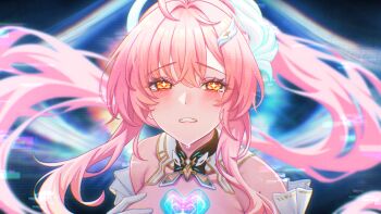 Rule 34 | 1girl, aemeath (wuthering waves), ahoge, aki yama73, aleph-1 (wuthering waves), bare shoulders, blush, commentary request, glitch, hair ornament, long hair, looking at viewer, mole, mole on shoulder, orange eyes, parted lips, pink hair, portrait, revision, solo, star-shaped pupils, star (symbol), symbol-shaped pupils, tacet mark (wuthering waves), tearing up, wuthering waves