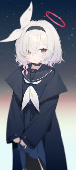 1girl absurdres black_choker black_coat black_eyes black_hairband black_pantyhose black_sailor_collar black_serafuku black_skirt blue_archive bow braid choker coat colored_inner_hair commentary cowboy_shot hair_bow hair_over_one_eye hairband halo highres long_sleeves looking_at_viewer miniskirt multicolored_hair neckerchief pantyhose parted_lips pink_hair plana_(blue_archive) red_halo red_pupils sailor_collar sailor_shirt school_uniform serafuku shirt side_braid skirt sleeves_past_wrists solo symbol-only_commentary two-tone_hair white_bow white_hair white_neckerchief yushan_liang_sheng