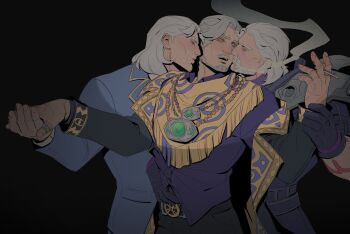 Rule 34 | 3boys, absurdres, bags under eyes, beard, belt, belt buckle, black background, black belt, black coat, black pants, blue jacket, buckle, cheekbones, cigarette, coat, commentary, doctor strange, doctor strange (bleeker street strut), doctor strange (series), dual persona, english commentary, facial hair, facial mark, fringe trim, gloves, gold trim, green eyes, grey facial hair, grey hair, hand on another's hip, highres, holding, holding cigarette, holding hands, jacket, jewelry, magneto, magneto (temporal tyrant), male focus, marvel, marvel rivals, mature male, multiple boys, muscular, muscular male, official alternate costume, open mouth, pants, purple gloves, purple shirt, ring, scarf, serpentbun, shirt, short hair, smoke, upper body, white facial hair, white hair, x-men, yaoi, yellow scarf