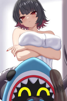1girl absurdres arms_under_breasts azunyart bangboo_(zenless_zone_zero) bare_shoulders black_hair black_panties blush breasts closed_mouth colored_inner_hair commentary commentary_request crossed_arms ellen_joe english_commentary fins fish_tail head_tilt highres holding holding_panties holding_underwear holding_unworn_clothes large_breasts looking_at_viewer mixed-language_commentary mole mole_under_eye multicolored_hair naked_towel panties red_eyes red_nails shark_girl shark_tail sharkboo_(zenless_zone_zero) short_hair tail towel underwear upper_body zenless_zone_zero