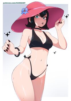 1girl absurdres bare_shoulders bikini black_bikini black_choker black_hair black_lips black_nails blue_flower breasts choker cowboy_shot dashi_(dashiart) ear_piercing flower goth_fashion green_eyes hand_on_headwear hat hat_flower highleg highleg_bikini highres hotel_transylvania lipstick looking_at_viewer makeup mavis_dracula medium_breasts mole_on_body nail_polish navel parted_lips patreon_username piercing red_hat short_hair side-tie_bikini_bottom solo sparkle stomach sun_hat swimsuit thighs wristband