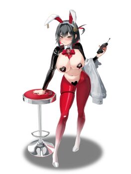 1girl absurdres animal_ear_hairband animal_ears black_hair black_shrug blush breasts closed_mouth colored_inner_hair fake_animal_ears frontless_outfit goddess_of_victory:_nikke gradient_hiphighs hair_ornament hairband heart_pasties highres hiphighs holding holding_walkie-talkie large_breasts latex latex_shrug mismatched_pasties multicolored_hair navel pasties rabbit_ear_hairband rabbit_ears red_hair red_hiphighs reverse_bunnysuit reverse_outfit rouge_(nikke) rouge_(unlucky_rabbit)_(nikke) short_hair shrug_(clothing) soo3 spade_brooch spade_pasties stool sweat walkie-talkie yellow_eyes