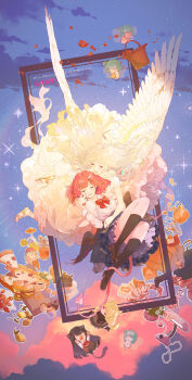 absurdres amaori_renako anger_vein artist_name bag black_shoes black_socks blonde_hair book closed_eyes controller copyright_name food game_controller hair_ornament highres hug hug_from_behind ice_cream koto_satsuki koyanagi_kaho ledlentsea ouzuka_mai pink_hair pizza school_uniform sena_ajisai shoes smile socks star_(sky) tail watashi_ga_koibito_ni_nareru_wake_naijan_murimuri! wings x_hair_ornament