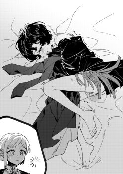 2girls :&lt; bare_legs bare_shoulders barefoot bed_sheet biting biting_clothes blush clothes_in_mouth coat collared_shirt feather_dress fetal_position freckles greyscale hair_bun highres holding holding_coat holding_unworn_clothes implied_yuri loading_icon looking_at_viewer lying masturbation monochrome multiple_girls no_headwear on_bed on_side profile pussy_juice reverse:1999 schneider_(reverse:1999) shirt short_hair single_side_bun sweat trembling unworn_coat vertin_(reverse:1999) xunyu_(manyu)