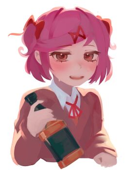 Rule 34 | absurdres, alcohol, blush, bottle, bow, brown sweater, doki doki literature club, doki doki literature club school uniform, hair bow, hair ribbon, high collar, highres, holding, holding bottle, long sleeves, looking at viewer, micmaqn, natsuki (doki doki literature club), open mouth, pink eyes, pink hair, red bow, red ribbon, ribbon, school uniform, shirt, short hair, simple background, sweatdrop, sweater, teeth, upper body, upper teeth only, whiskey, white background, white shirt