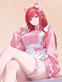 1girl absurdres animal_ears apron breasts charon_universe crossed_legs dress fake_animal_ears frilled_thigh_strap grin hairband highres jersey_maid karin_(charon_universe) large_breasts long_hair long_sleeves looking_at_viewer maid maid_apron myomomoo pink_dress purple_eyes red_hair sitting smile solo thigh_strap thighs unconventional_maid virtual_youtuber yellow_background