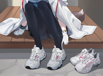 adjusting_footwear arknights black_pantyhose chuck_(harfmoondark) cloak commentary_request feet foot_focus footwear_focus fox_tail gloves open_cloak open_clothes pantyhose shoes sitting sitting_on_stairs sneakers stairs sussurro_(arknights) tail unworn_shoes white_gloves white_shoes