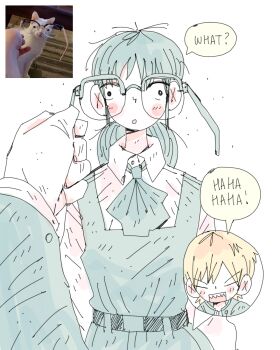 1boy 1girl asa_(mononoke) blonde_hair blush_stickers chainsaw_man closed_eyes collared_shirt commentary confused denji_(chainsaw_man) dress english_commentary english_text fourth_east_high_school_uniform glasses highres holding holding_removed_eyewear kajiuna laughing long_hair low_twintails mitaka_asa mixed-language_commentary open_mouth pale_color photo_inset pinafore_dress pov pov_hands reference_inset school_uniform semi-rimless_eyewear sharp_teeth shirt short_hair simple_background sketch sleeveless sleeveless_dress speech_bubble teeth twintails unworn_eyewear wall-eyed white_background