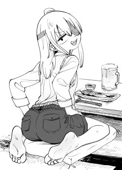 1girl alcohol ass beer beer_mug cup eyepatch feet food highres leon_kame monochrome mug soles tagme