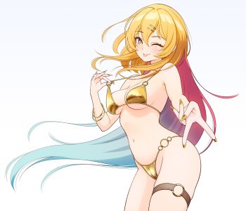 1girl ;p absurdres bangle bikini blonde_hair blue_hair bracelet breasts commentary_request cowboy_shot floating_hair from_side gold_bikini gyaru_v hair_between_eyes hair_ornament hairclip highres jewelry katagiri_nanase large_breasts light_blush long_hair looking_at_viewer minamoto_natsuki mole mole_under_eye multicolored_hair multiple_bracelets navel nukigee_mitai_na_shima_ni_sunderu_watashi_wa_dou_surya_ii_desu_ka? o-ring o-ring_bikini o-ring_bottom o-ring_thigh_strap o-ring_top one_eye_closed outstretched_arm parallel_hairclips purple_hair red_hair simple_background solo standing string_bikini swimsuit thigh_strap tongue tongue_out v very_long_fingernails very_long_hair white_background yellow_eyes yellow_nails