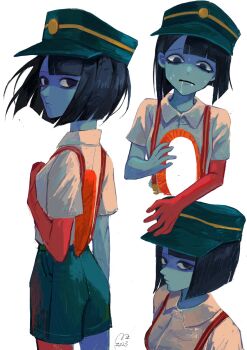 1girl black_eyes black_hair blue_skin blunt_bangs blunt_ends bob_cut colored_skin commentary drooling ena:_dream_bbq ena_(dream_bbq) ena_(series) ena_(species) green_hat hangover_ena hat highres hole_in_stomach hole_on_body multicolored_skin red_skin shirt short_sleeves shorts simple_background suspender_shorts suspenders sweat two-tone_skin usagimarumei