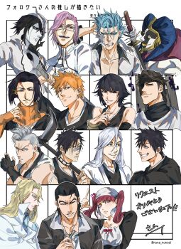 2girls 6+boys aizen_sousuke arrancar artist_name asymmetrical_hair asymmetrical_sidelocks ayasegawa_yumichika bandages bandaid bandaid_on_face bare_shoulders black_choker black_dress black_eyes black_gloves black_hair black_headband black_kimono black_shirt black_sleeves bleach bleach:_sennen_kessen-hen blonde_hair blue_eyes blue_hair blunt_bangs bob_cut boha_lol bow broken_helmet broken_mask brown_eyes brown_hair buttons cape choker clenched_teeth cloak coat collarbone collared_coat collared_jacket colored_eyelashes colored_teeth commentary_request cross cross_necklace detached_sleeves dokugamine_riruka dress eyelashes eyeliner eyepatch facepaint facial_mark fake_horns fingerless_gloves followers_favorite_challenge frown ginjou_kuugo glasses gloves green_eyeliner green_eyes green_ribbon green_sleeves grey_coat grey_eyes grey_hair grimmjow_jaegerjaquez grin hair_between_eyes hair_over_shoulder hair_ribbon hair_slicked_back hand_on_own_chest hand_on_own_head hat headband heart helmet highres hisagi_shuuhei holding holding_jewelry holding_necklace holding_scythe holding_sword holding_weapon hole_in_chest hole_on_body horned_headwear horns jacket japanese_clothes jewelry jugram_haschwalth katana kimono kurosaki_ichigo kurotsuchi_mayuri long_hair looking_at_viewer looking_to_the_side makeup mask messy_hair muguruma_kensei multiple_boys multiple_drawing_challenge multiple_girls necklace one_eye_covered open_clothes open_coat open_jacket orange_hair orange_sweater pale_skin parted_lips pink_eyes pink_hair pointing pointing_up profile purple_cape quincy_(bleach) red_bow ribbon scar scar_across_eye scar_on_face scythe shiba_kaien shihakusho shirt short_hair sidelocks signature simple_background single_glove sleeveless sleeveless_coat sleeveless_kimono smile spiked_hair straight-on striped_clothes striped_coat striped_jacket striped_kimono sui-feng sweater sword szayelaporro_granz teeth torn_clothes torn_coat turtleneck turtleneck_coat turtleneck_shirt turtleneck_sweater twintails ukitake_juushirou ulquiorra_cifer vertical-striped_clothes vertical-striped_coat vertical-striped_jacket vertical-striped_kimono weapon white_background white_cloak white_coat white_gloves white_hair white_hat white_helmet white_jacket white_mask white_shirt yellow_eyes yellow_teeth
