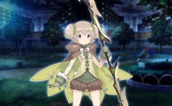 Rule 34 | 1girl, aino mito, animal ear hood, animal ears, apartment, artist request, bow, bow (weapon), bow button, brooch, brown bow, brown cloak, brown eyes, brown hair, brown shorts, bush, cat ears, cloak, closed mouth, clothing cutout, cloud, clover, clover brooch, cowboy shot, diamond cutout, dot nose, fake animal ears, four-leaf clover, frilled gloves, frilled shorts, frills, game cg, gloves, green cloak, green gloves, green scrunchie, green sweater, green vest, hair between eyes, hair ornament, hair scrunchie, hanokage, highres, holding, holding bow (weapon), holding weapon, hood, hood down, hooded cloak, jewelry, light blush, looking ahead, magia record: mahou shoujo madoka magica gaiden, magical girl, mahou shoujo madoka magica, mahou shoujo madoka magica magia exedra, mori kei, night, official art, outdoors, outline, park, path, pom pom (clothes), puffy shorts, road, scrunchie, short hair, short twintails, shorts, sky, sleeveless, sleeveless sweater, slide, smile, solo, standing, sweater, swing set, tareme, thighs, tree, turtleneck, turtleneck sweater, twintails, two-sided cloak, two-sided fabric, vertical-striped sweater, vest, weapon, white outline