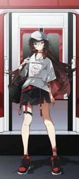 1girl arm_tattoo bag bandaged_fingers bandages black_bag black_skirt brown_hair closed_mouth clothes_writing collar earrings english_text eyebrows_hidden_by_hair flat_cap flat_chest full_body hat highres honkai:_star_rail honkai_(series) jewelry long_hair looking_at_viewer mole mole_under_each_eye mole_under_eye multiple_moles postalworks red_collar round_eyewear shadow shirt shirt_writing shoes shoulder_bag single_earring skirt smile sneakers solo sparkle_(honkai:_star_rail) tattoo thigh_strap train untied_shoelaces very_long_hair white_hat white_shirt