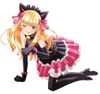 Rule 34 | 1girl, ;p, all fours, animal ears, arm support, bell, black boots, black gloves, black shirt, blonde hair, blue eyes, blunt bangs, boots, collar, elbow gloves, fake animal ears, female focus, floating hair, full body, gloves, layered skirt, long hair, looking at viewer, maid headdress, miniskirt, neck bell, one eye closed, princess (princess principal), princess principal, shirt, simple background, skirt, sleeveless, sleeveless shirt, solo, taniguchi gou, thigh boots, thighhighs, tongue, tongue out, white background
