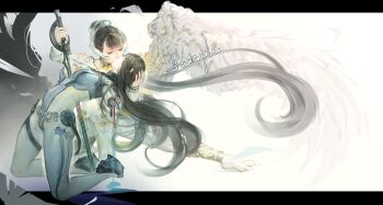 Rule 34 | 2girls, absurdres, android, blood, blue blood, breasts, cable, closed eyes, commentary request, eve (stellar blade), h.an (516635864), hand on another's head, highres, humanoid robot, impaled, kiss, long hair, multiple girls, ponytail, raven (stellar blade), robot, severed limb, single wing, stellar blade, sword, very long hair, weapon, wings, yuri