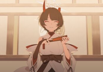 1girl artist_request black_hair black_nails black_sash blue_archive breasts bridal_gauntlets broken_horn closed_eyes closed_mouth demon_girl demon_horns detached_sleeves earrings game_cg halo hand_fan highres holding holding_fan hoop_earrings horns japanese_clothes jewelry kimono large_breasts niya_(blue_archive) non-web_source official_art oni sash short_hair sideboob single_bridal_gauntlet smile solo white_halo white_kimono