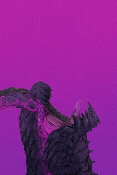 Rule 34 | 1other, black skin, colored skin, colored tongue, gore magala, highres, horns, miqo te, monster hunter (series), no eyes, no humans, open mouth, purple background, purple tongue, solo, spines