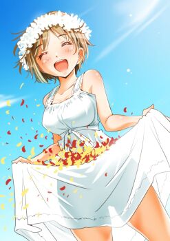 Rule 34 | 1girl, aiba yumi, bare arms, bare shoulders, blue sky, breasts, brown hair, closed eyes, commentary request, cowboy shot, dress, facing viewer, flower wreath, highres, idolmaster, idolmaster cinderella girls, medium breasts, open mouth, petals, red petals, short hair, skirt hold, sky, sleeveless, sleeveless dress, smile, sogabe toshinori, solo, standing, sundress, teeth, upper teeth only, white dress, yellow petals